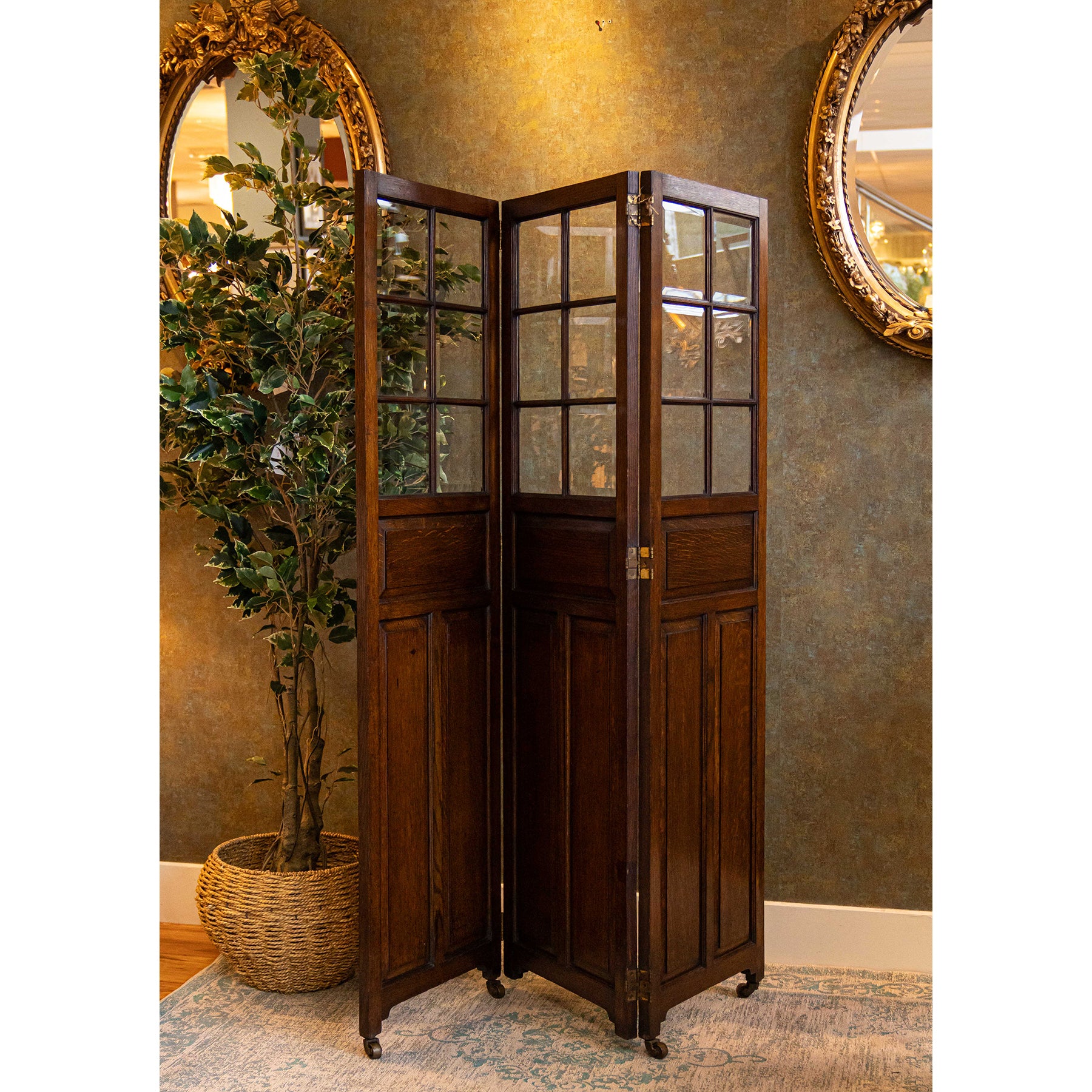 19th Century Oak 3 Fold Glazed and Panel Dividing Screen