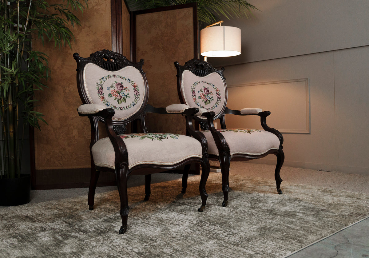 Antique Pair of Edwardian Mahogany Tapestry Armchairs