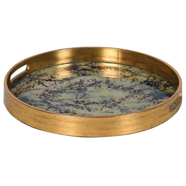 Antique Brass Round Tray with Cherry Blossom Design