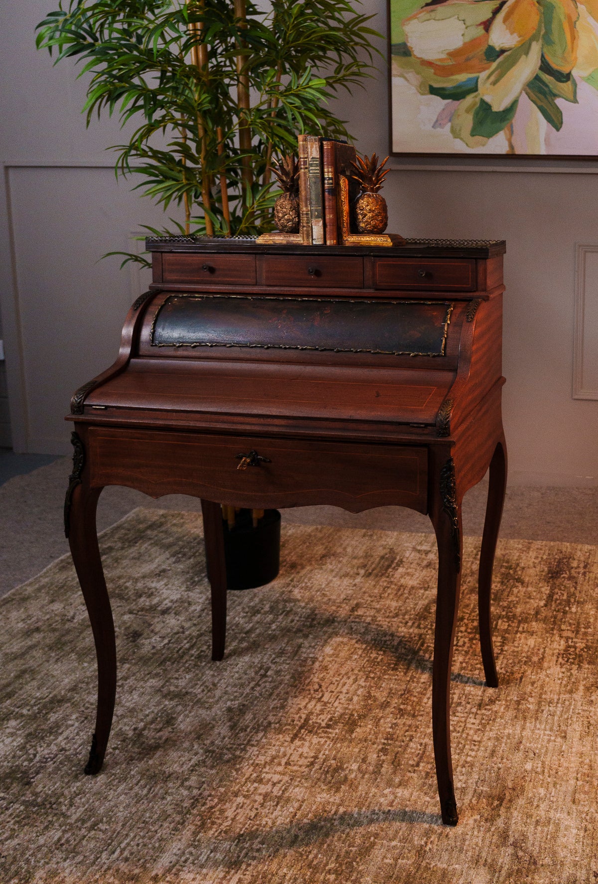 Antique French Style Cylinder Desk with Painted Panel