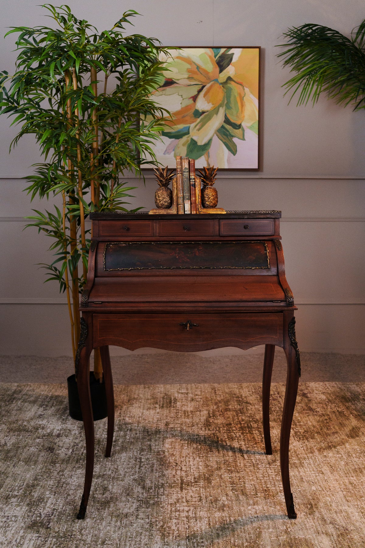 Antique French Style Cylinder Desk with Painted Panel