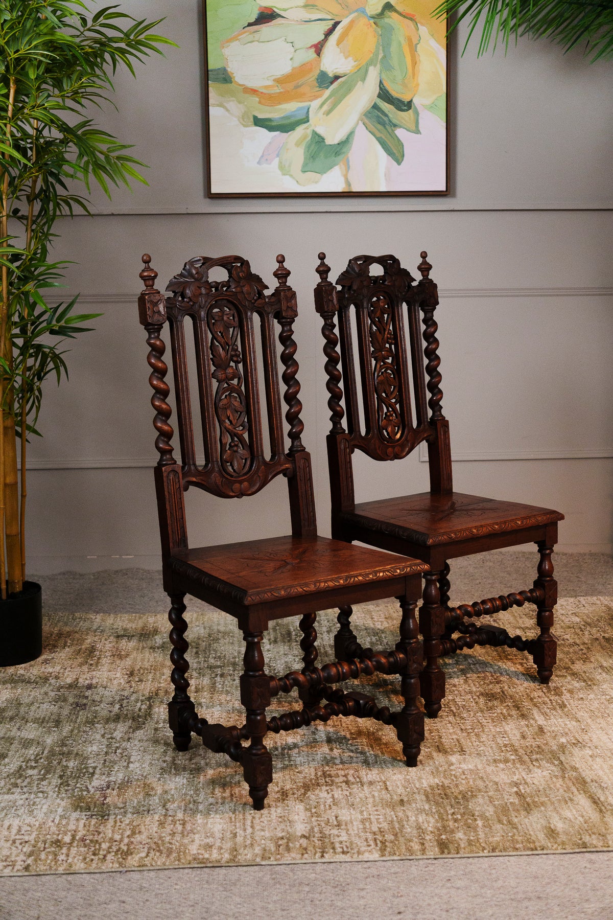 Antique Pair of Carved Oak Hall Chairs