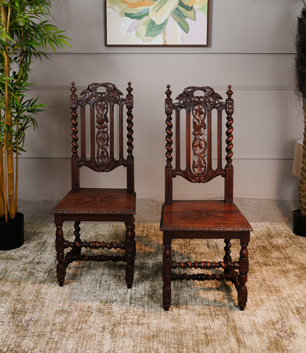 Antique Pair of Carved Oak Hall Chairs