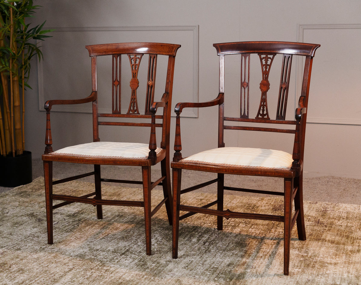 Antique Pair of Edwardian Mahogany & Satinwood Inlaid Elbow Chairs