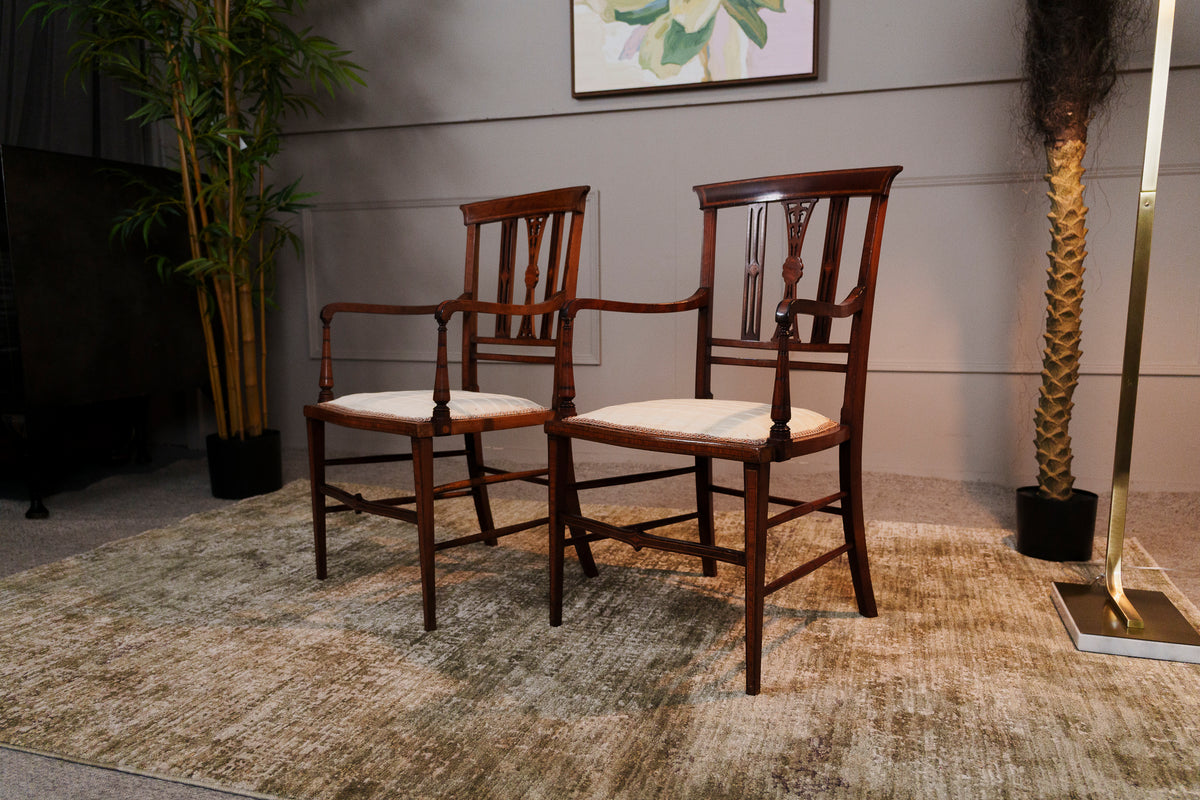 Antique Pair of Edwardian Mahogany & Satinwood Inlaid Elbow Chairs