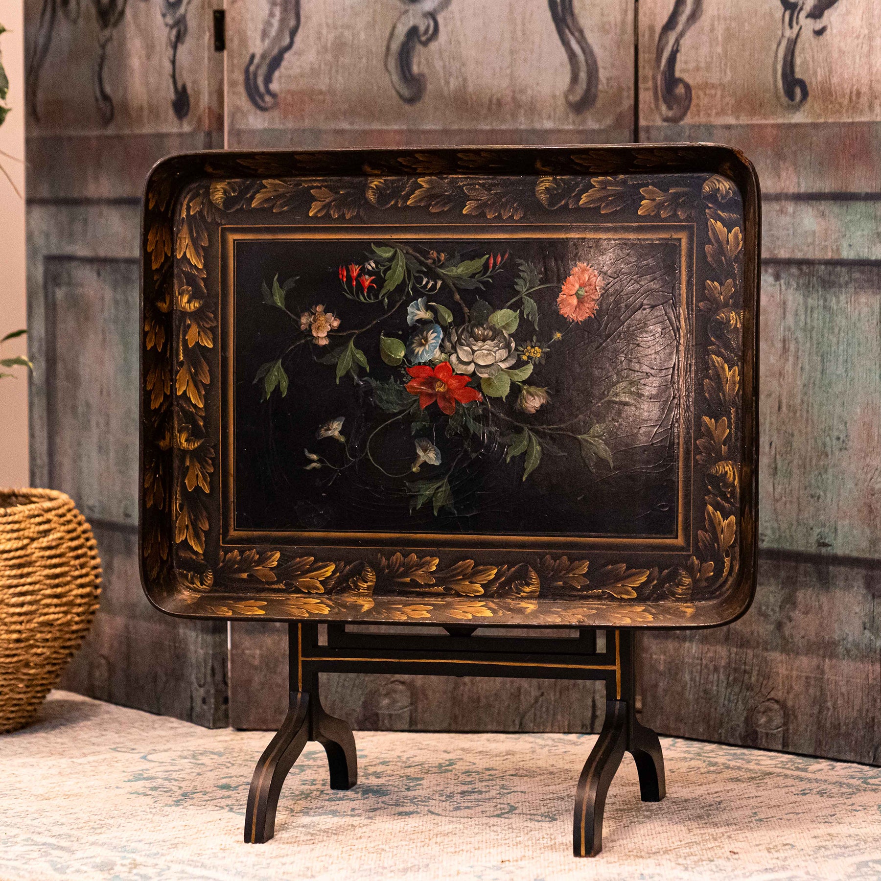 Black Laquered and Painted Folding Coffee Table