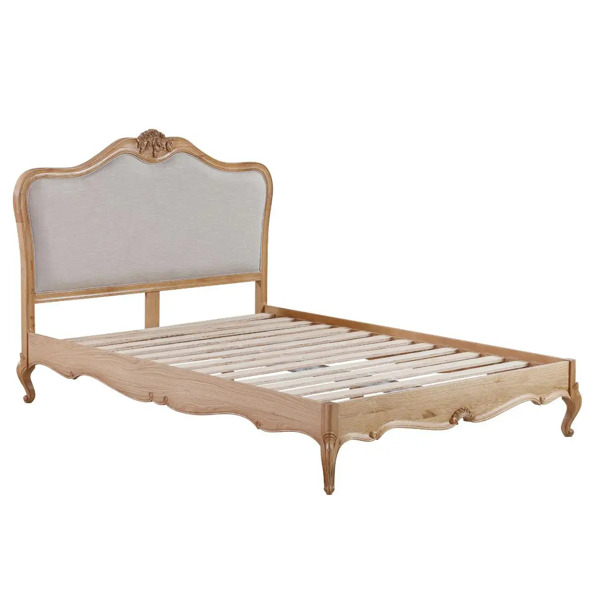Bordeaux 4ft6 Carved Oak Bed Frame with Upholstered Headboard