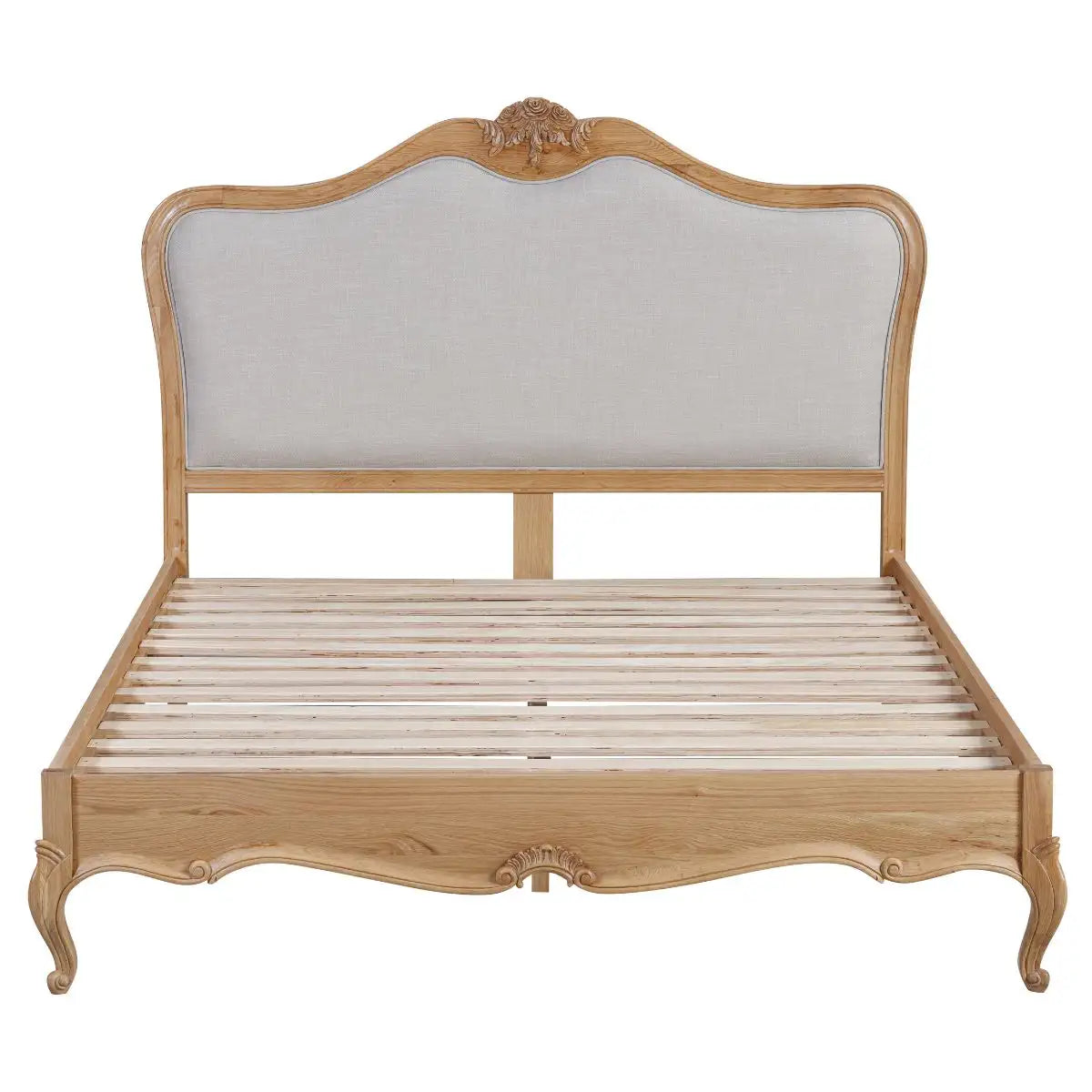 Bordeaux 4ft6 Carved Oak Bed Frame with Upholstered Headboard