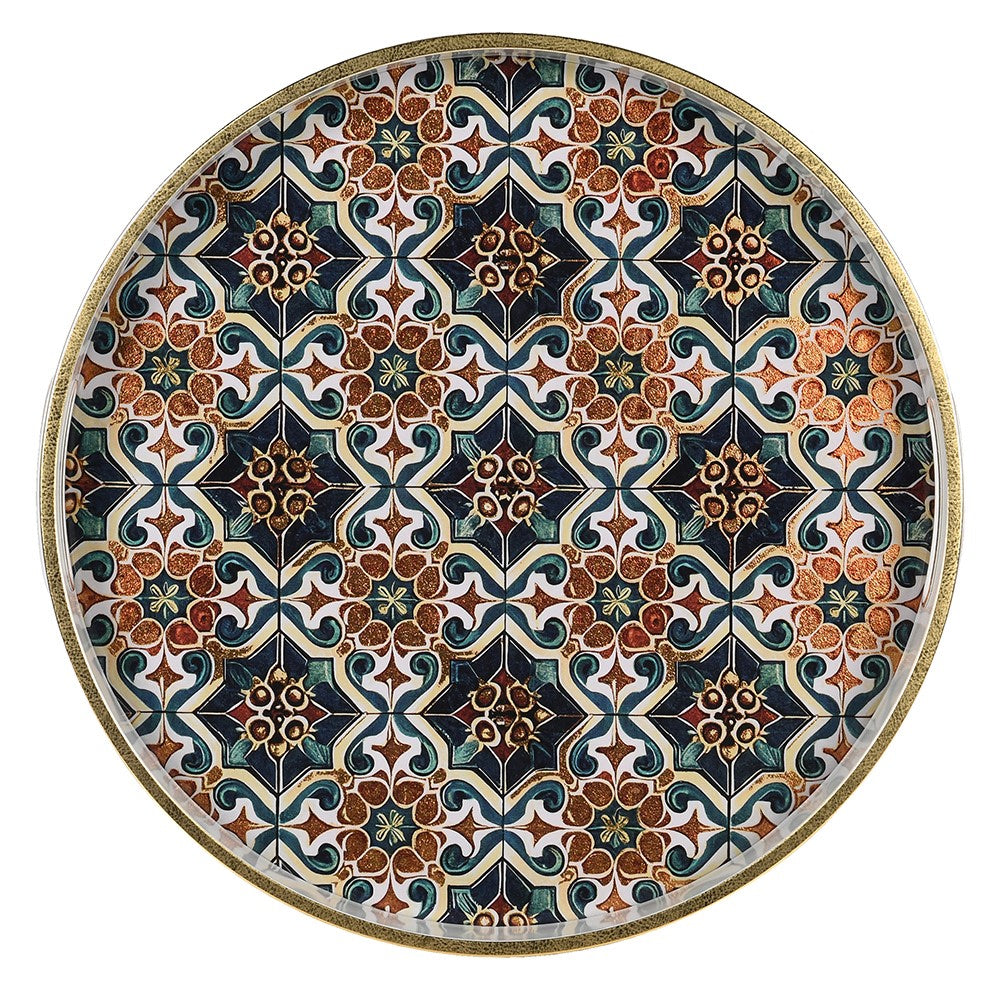 Colourful Moroccan Geometric Floral Round Tray