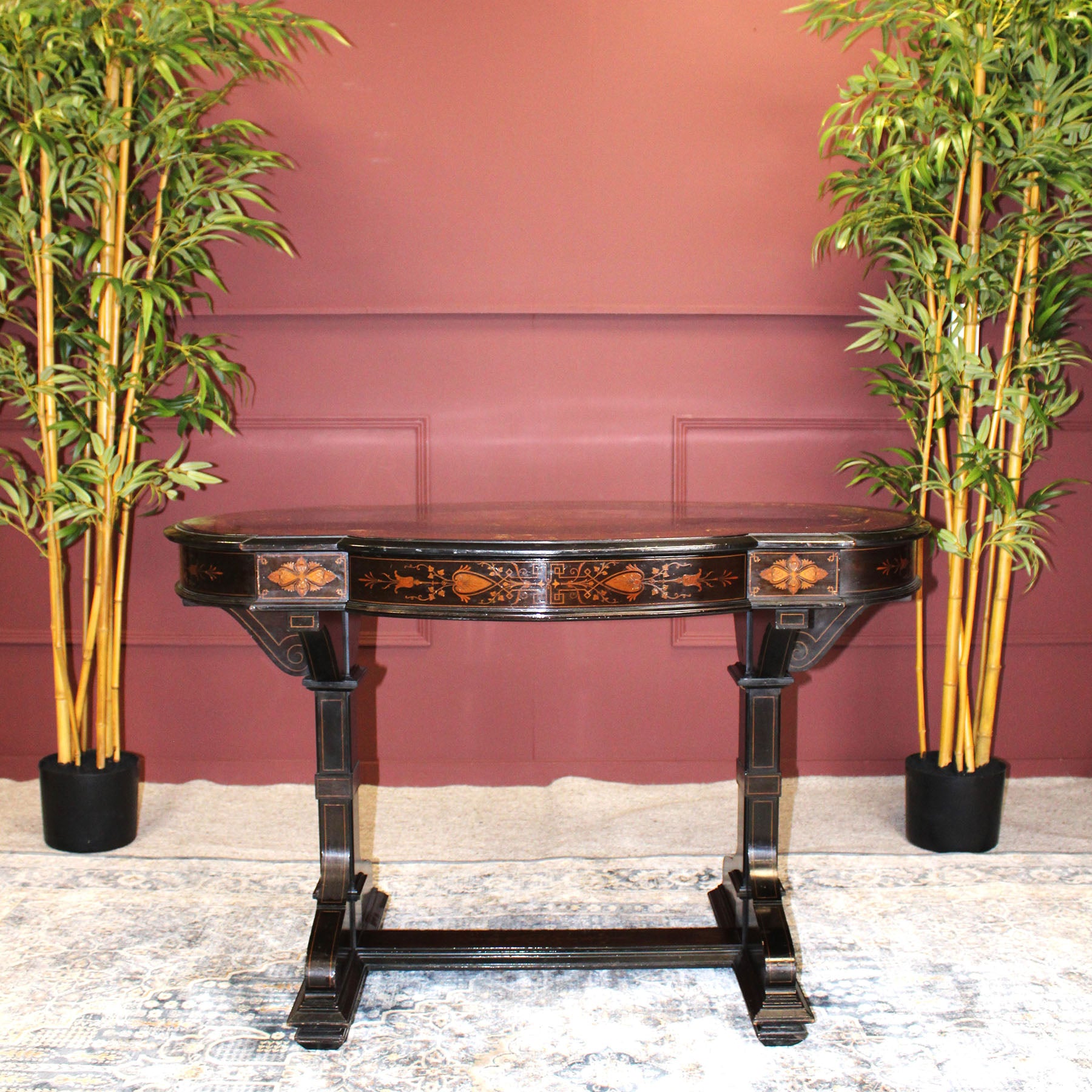 Ebonised Hand Painted and Inlaid Library Table