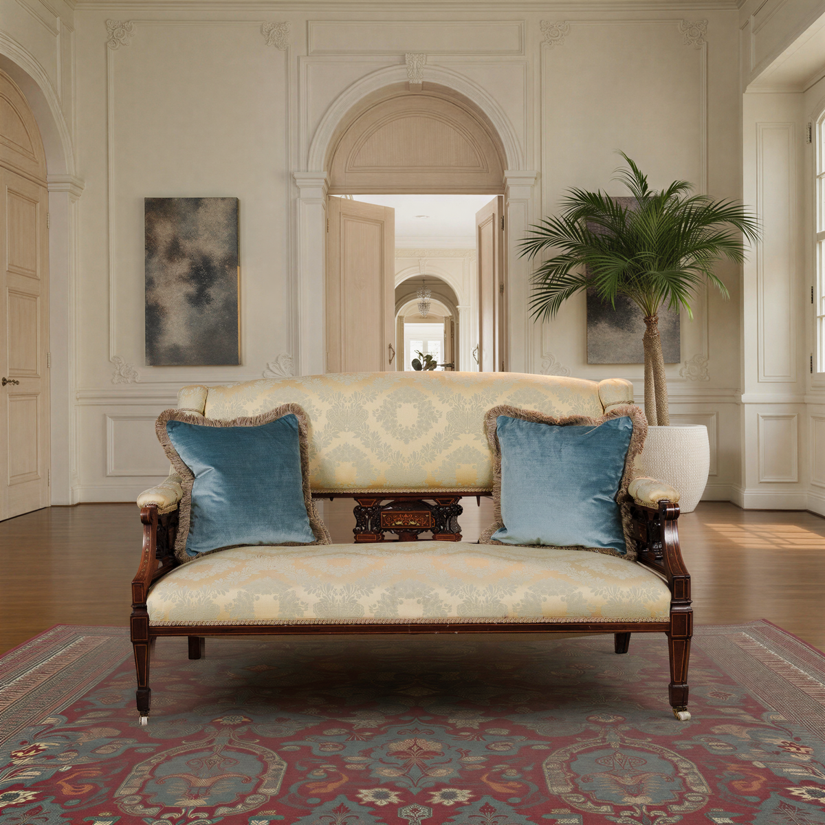 Edwardian Inlaid Mahogany Upholstered Settee