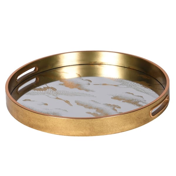 Elegant Crane Pattern Gold Tray - Large Round