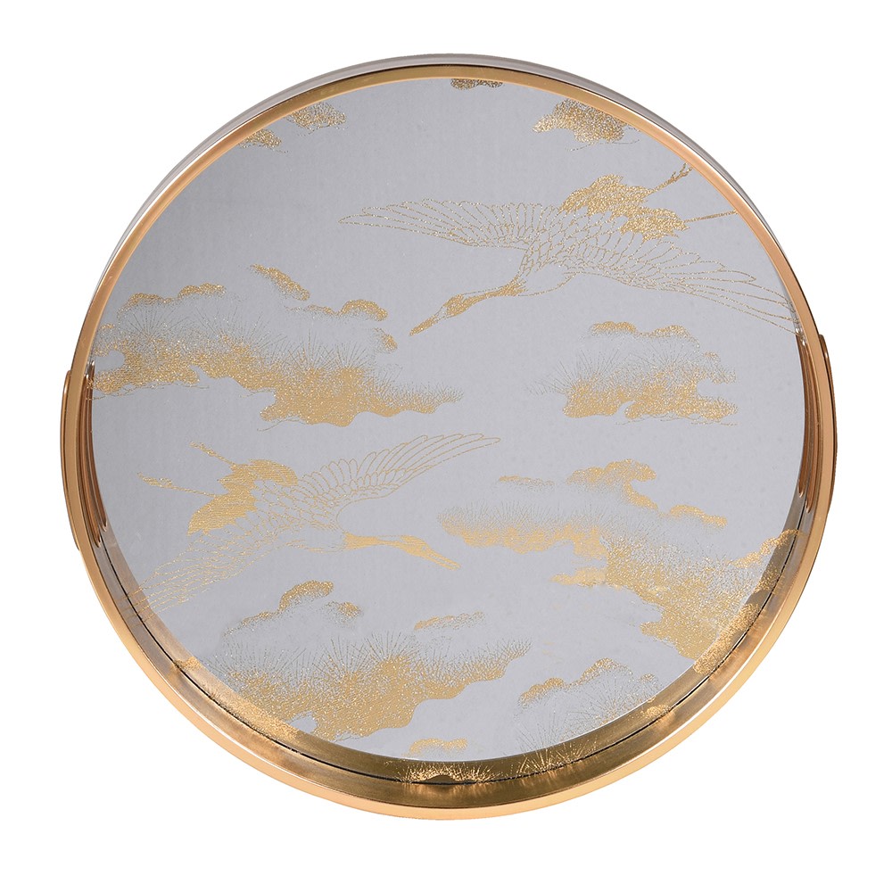 Elegant Crane Pattern Gold Tray - Large Round