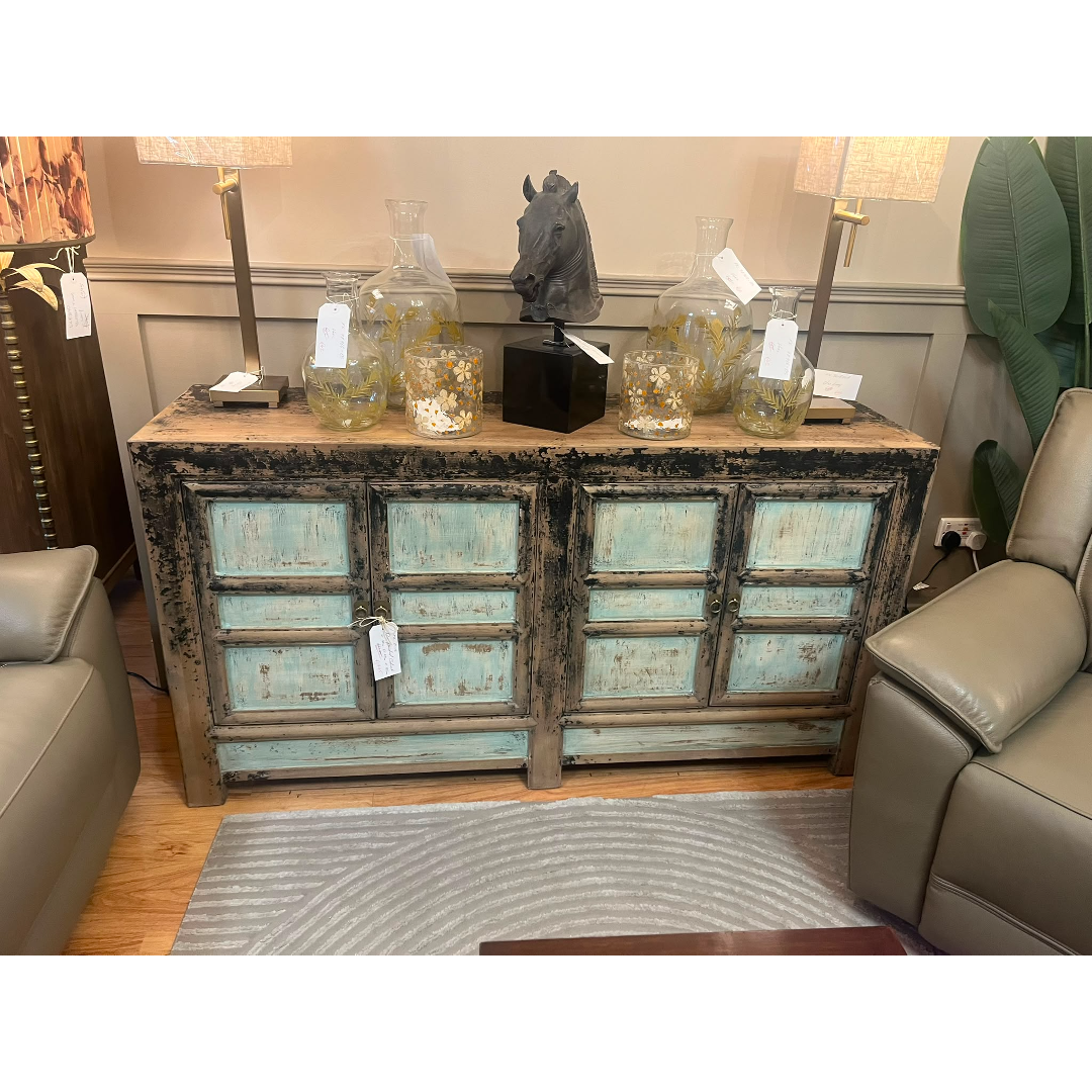 Distressed Turquoise Oriental Pine Sideboard