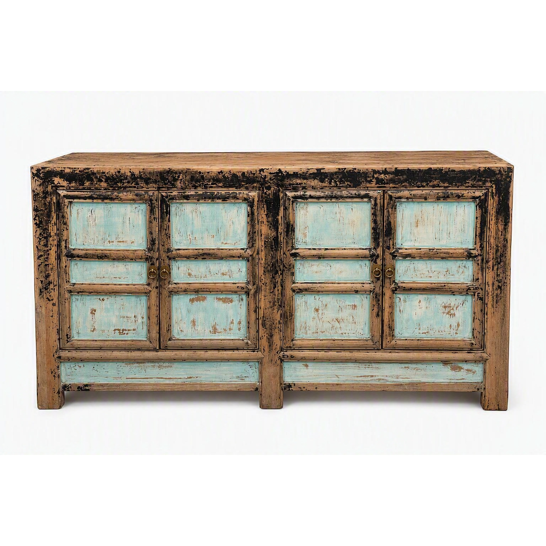 Distressed Turquoise Oriental Pine Sideboard