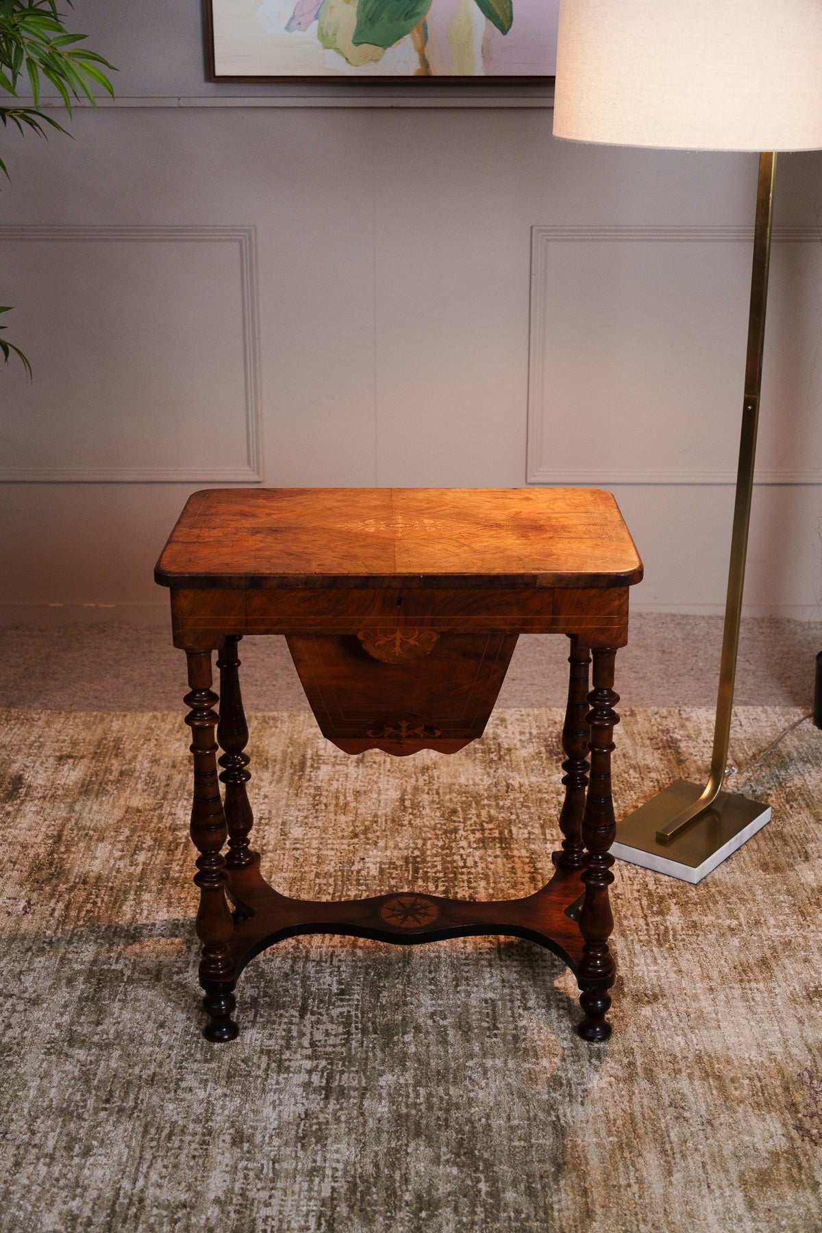 Antique Walnut & Mahogany Inlaid Lift-Top Work Table