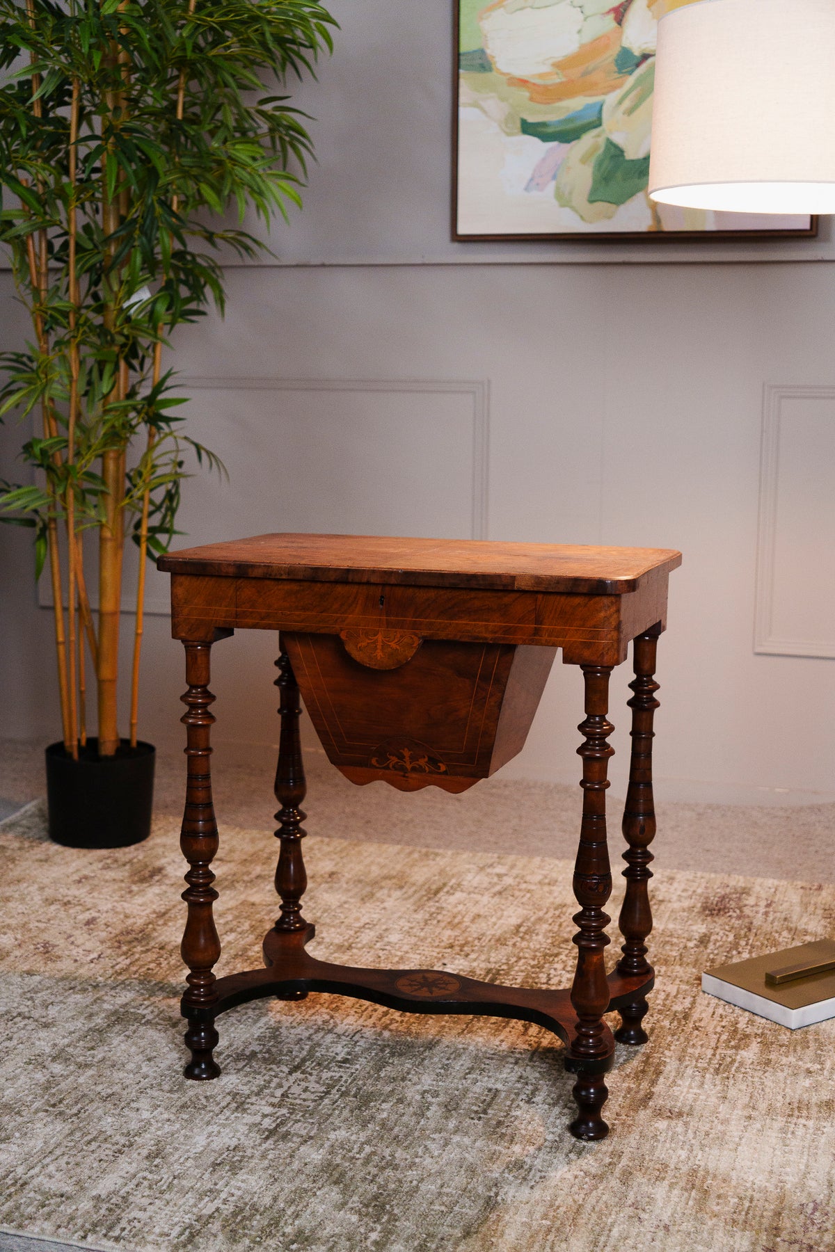 Antique Walnut & Mahogany Inlaid Lift-Top Work Table