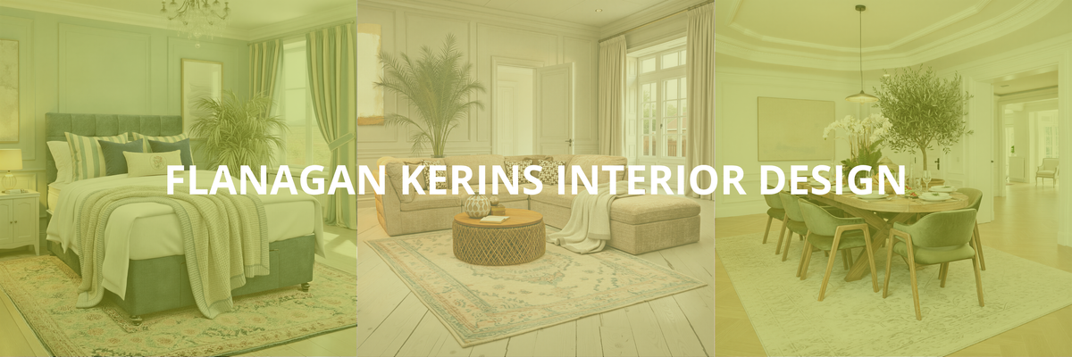 A triptych-style interior design banner with a green-tinted overlay reading 'FLANAGAN KERINS INTERIOR DESIGN' across three room scenes: a bed in a bedroom, a living room with a sofa and coffee table, and a dining area with chairs and a table.