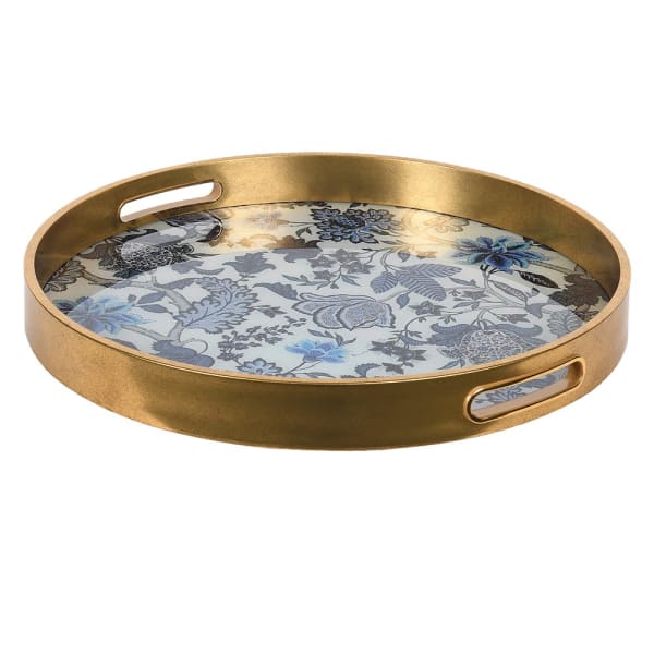 Gold Round Tray with Blue & White Floral Design