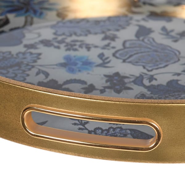 Gold Round Tray with Blue & White Floral Design