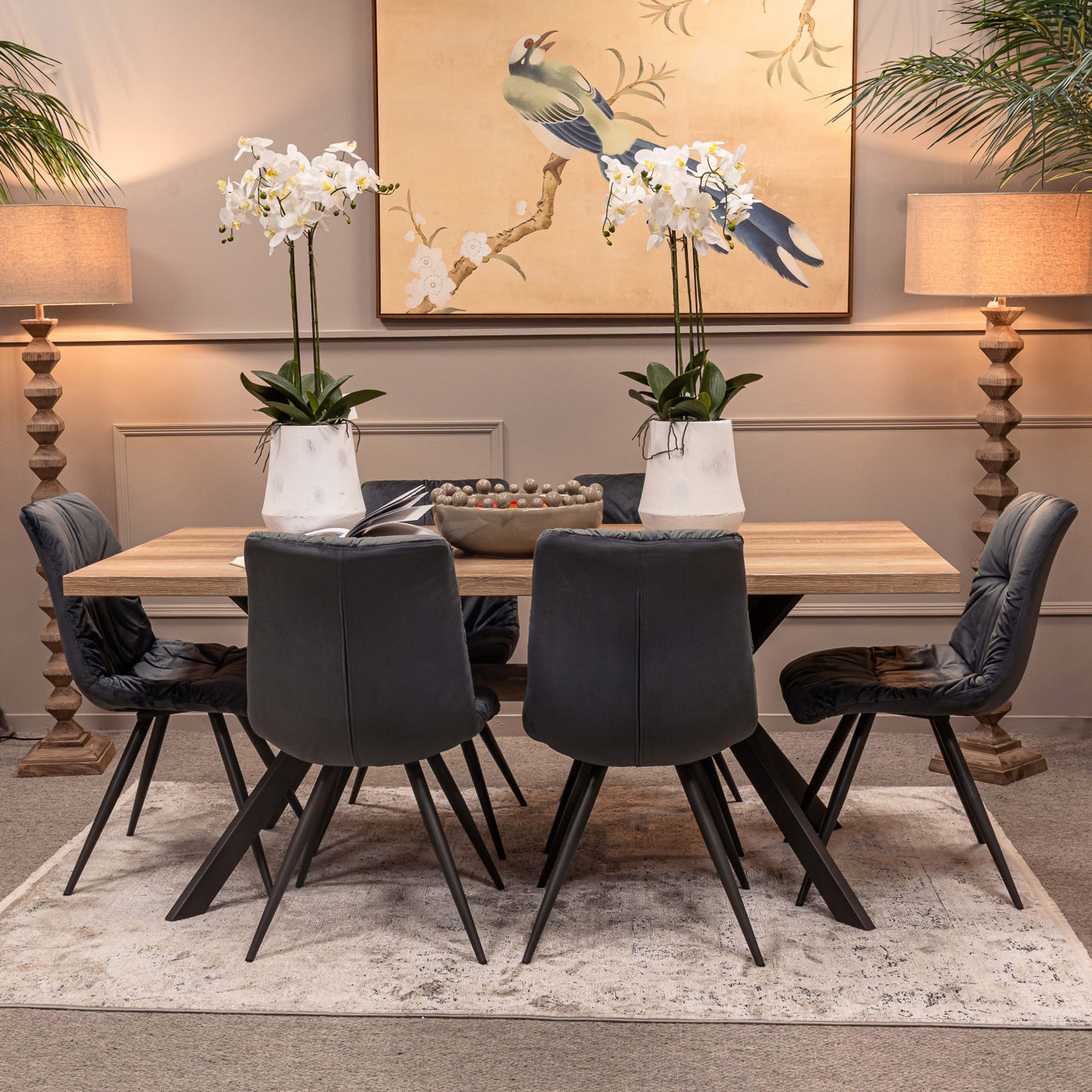 Kamala 140cm Dining Table and 6 x Anna Dark Grey Dining Chairs - Bundle Deal
