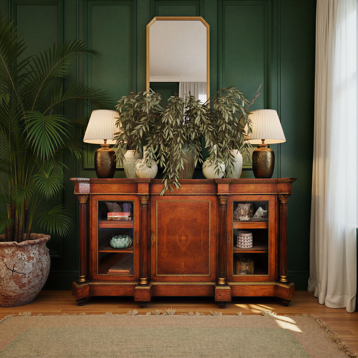 Antique Burr Walnut Credenza with Glazed Doors