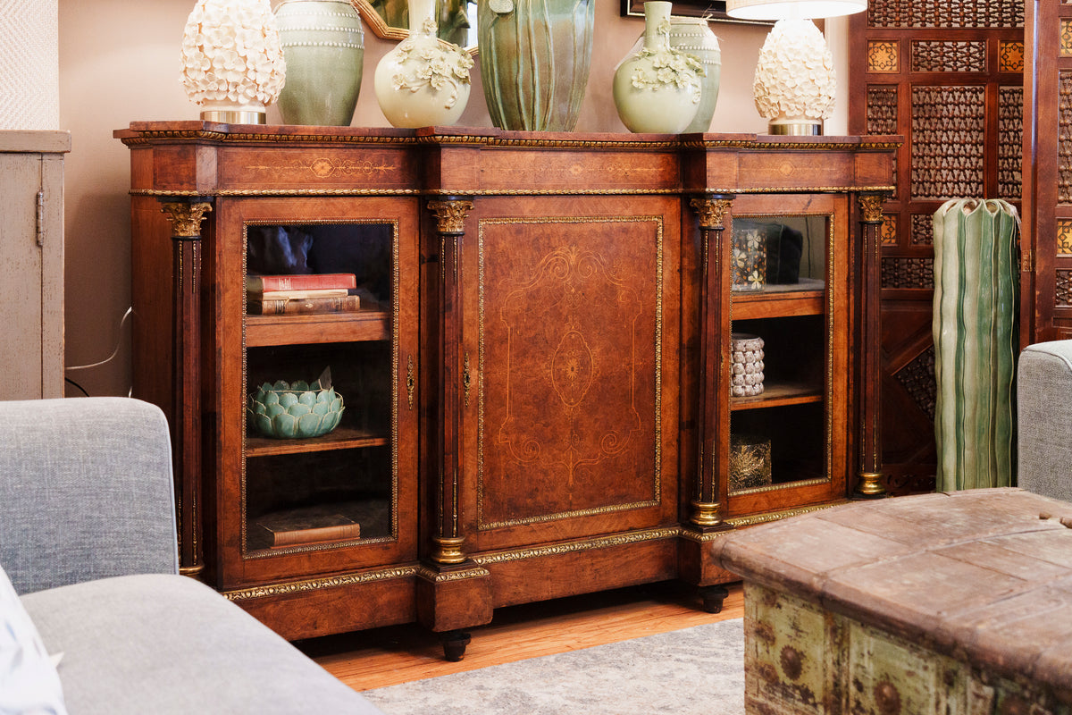 Antique Burr Walnut Credenza with Glazed Doors