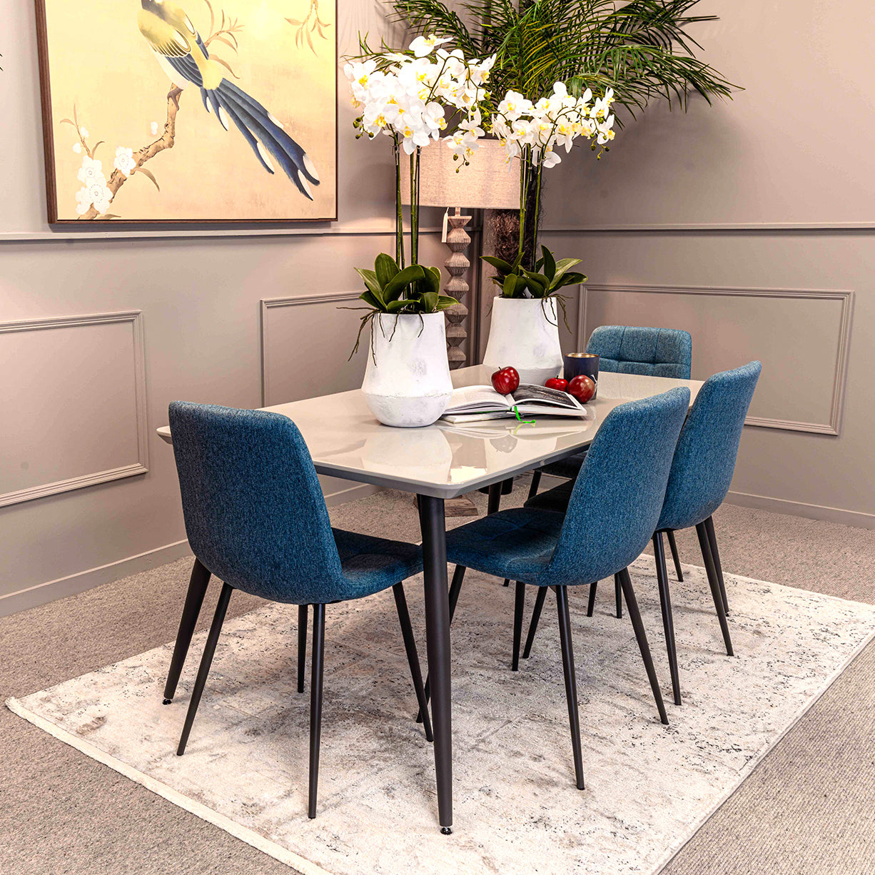 Lola 130cm Dining Table and 4 x Oslo Blue Dining Chairs - Bundle Deal