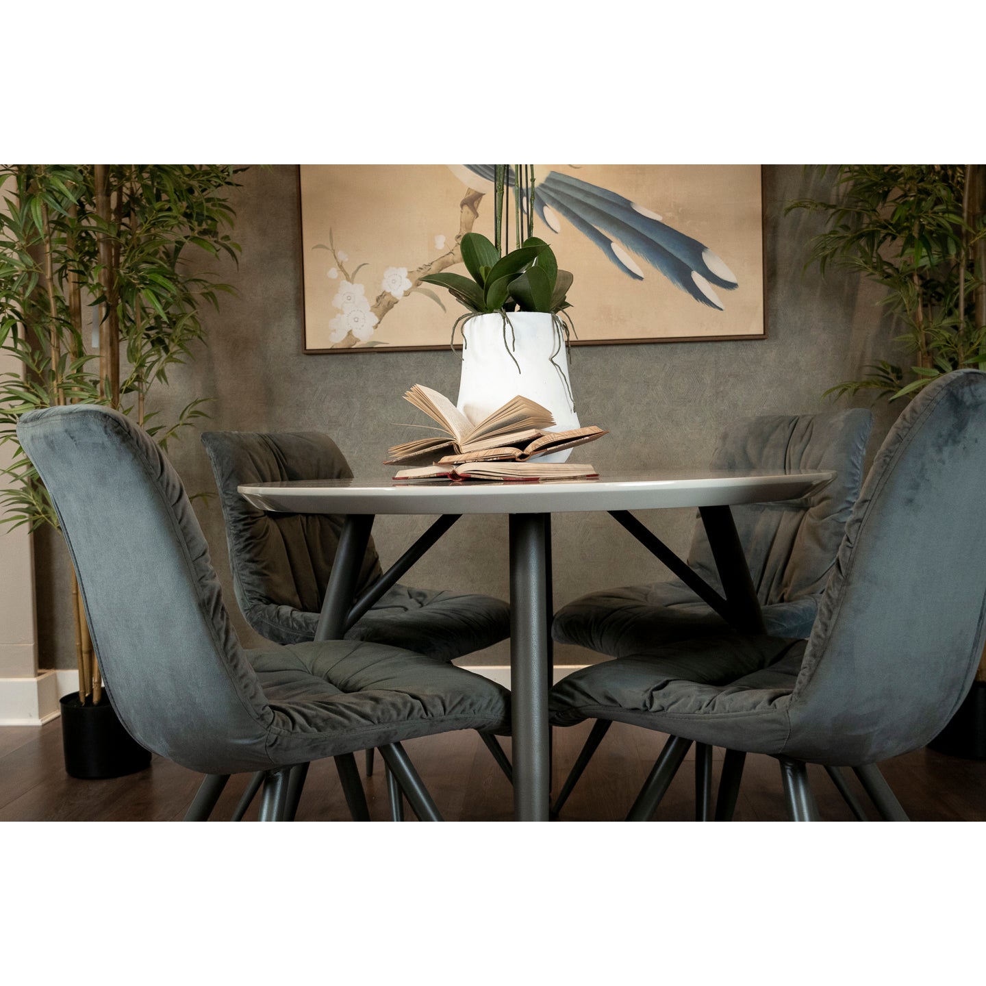 Lola Round Dining table and 4 x Dark Grey Anna Dining chairs - Bundle Deal