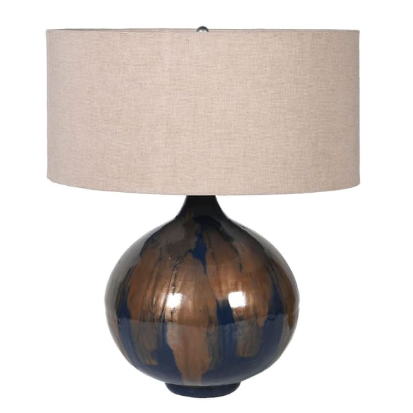 Navy Blue & Brown Ceramic Table Lamp with Linen Shade
