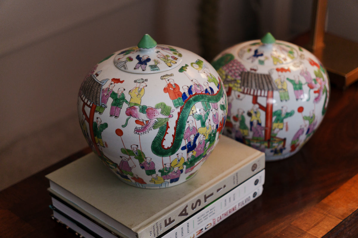 Antique Pair of Chinese Famille Rose Ginger Jars