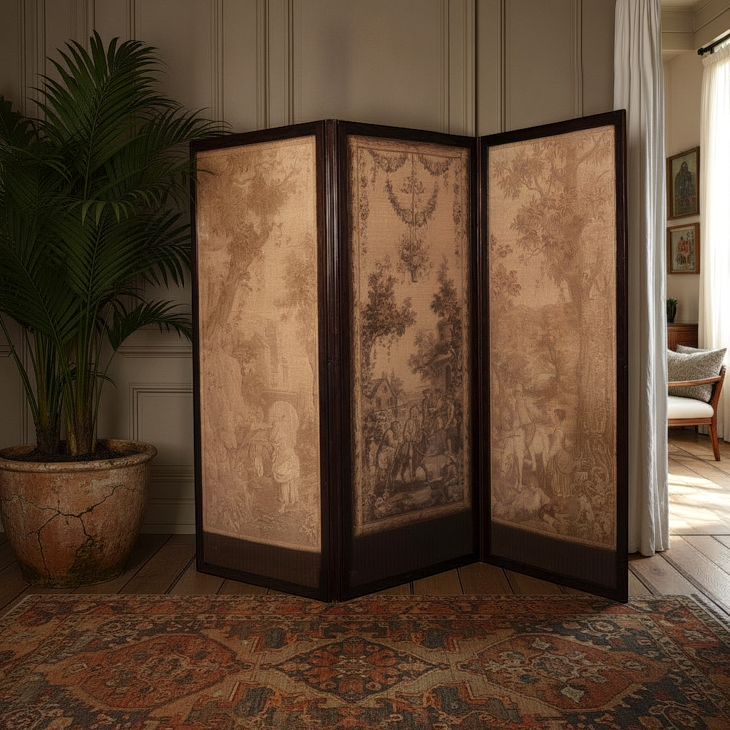 Antique Rosewood Four-Fold Folding Screen with Continental Scenic Panels
