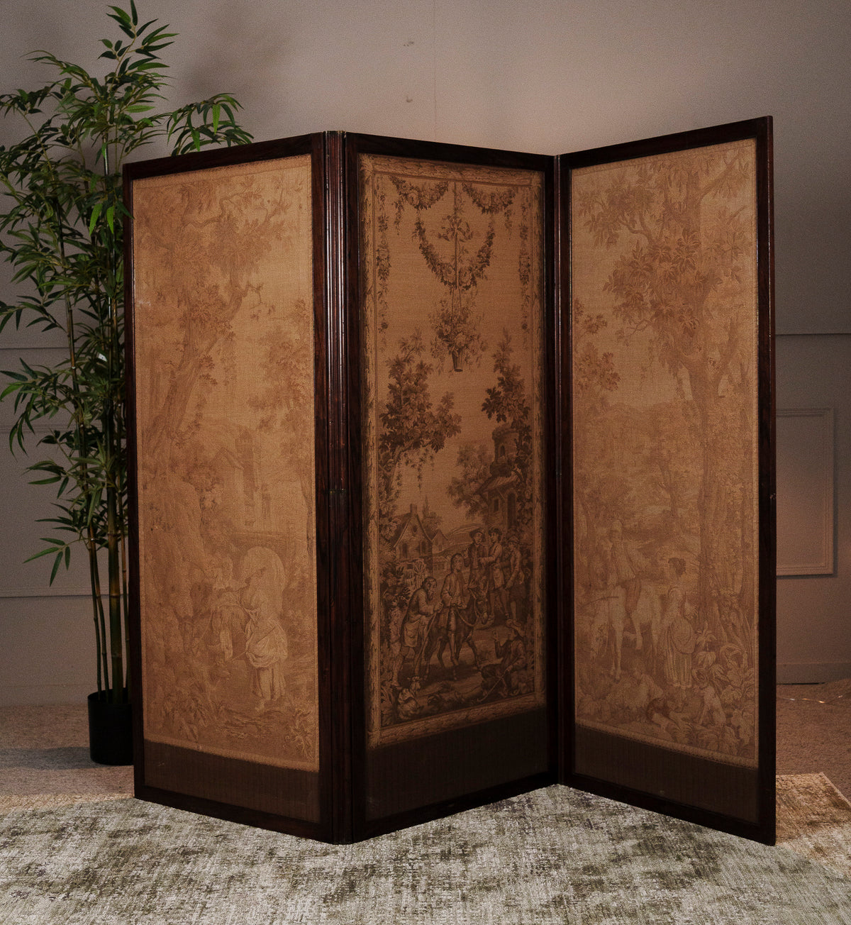 Antique Rosewood Four-Fold Folding Screen with Continental Scenic Panels