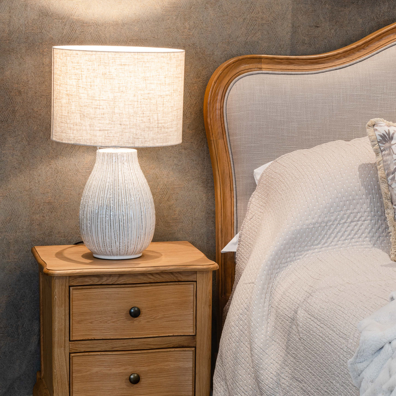 Textured Cream Bulbous Table Lamp with Linen Shade