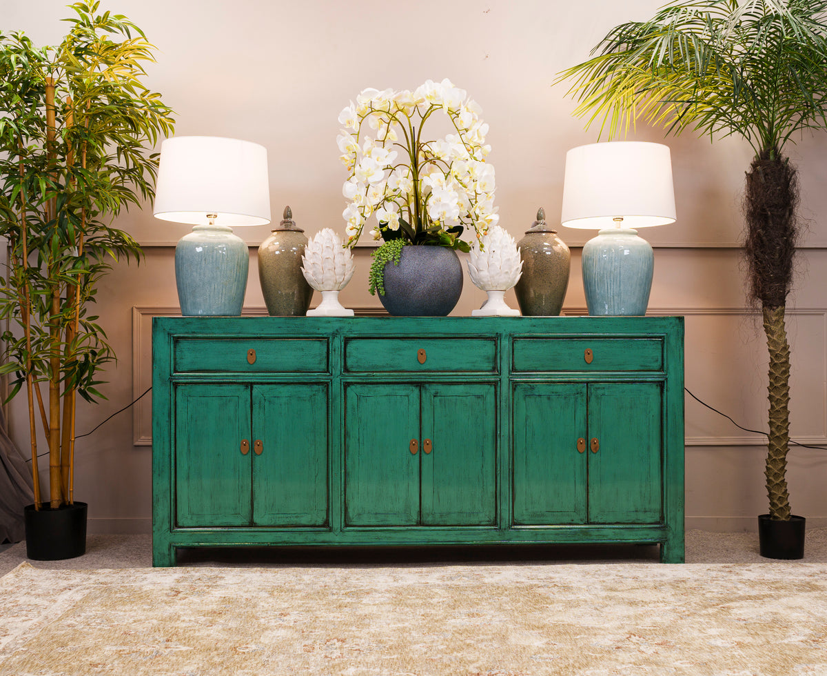Turquoise Painted 3 Drawer 6 Door Cabinet
