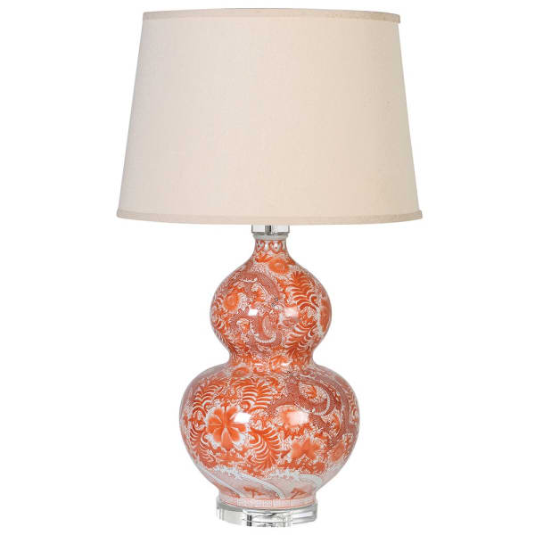 Vintage Orange Double-Gourd Table Lamp with Floral Pattern & Shade