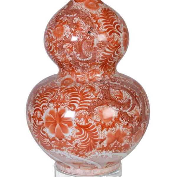Vintage Orange Double-Gourd Table Lamp with Floral Pattern & Shade