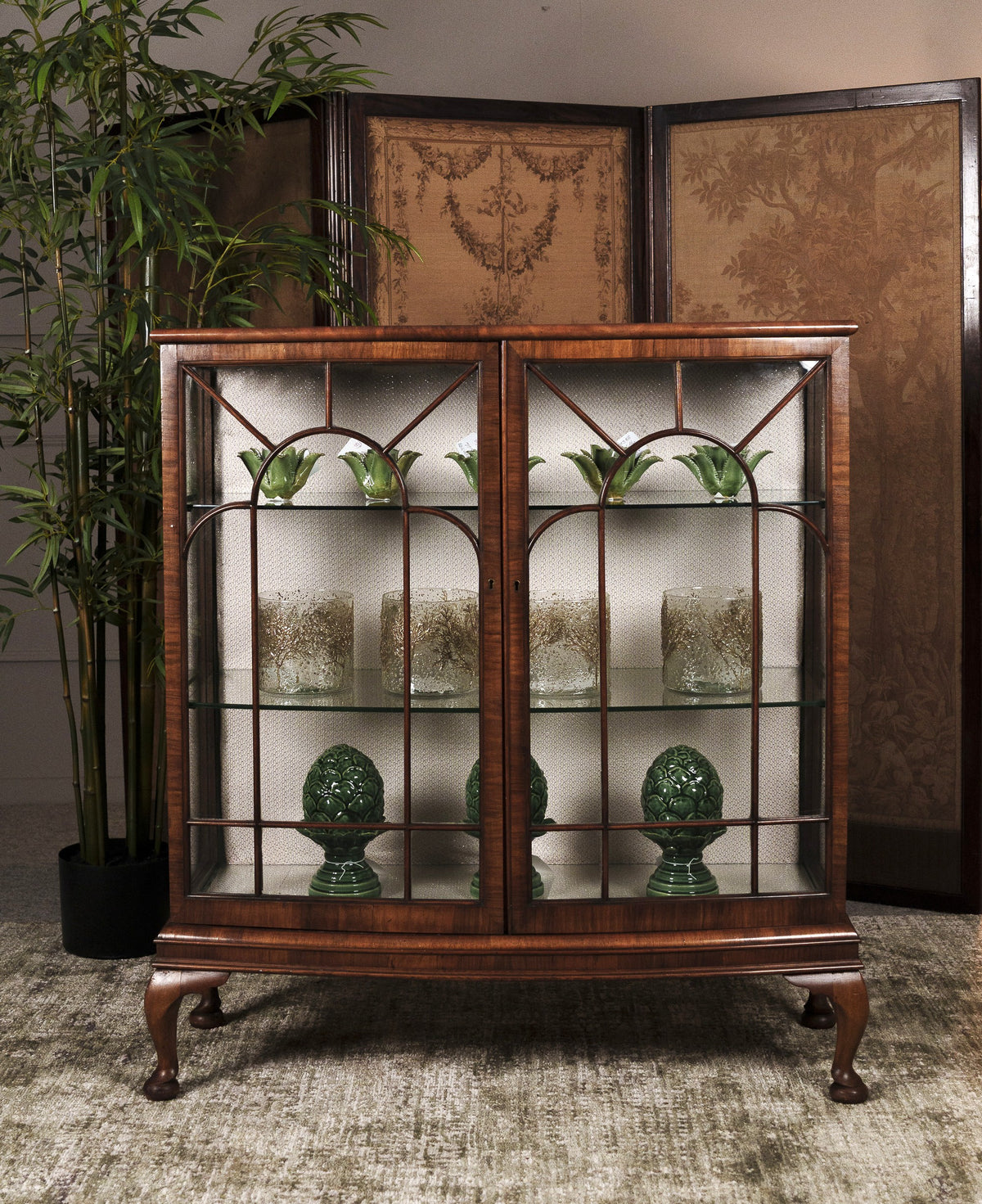 Antique Walnut Bow Fronted Display Cabinet