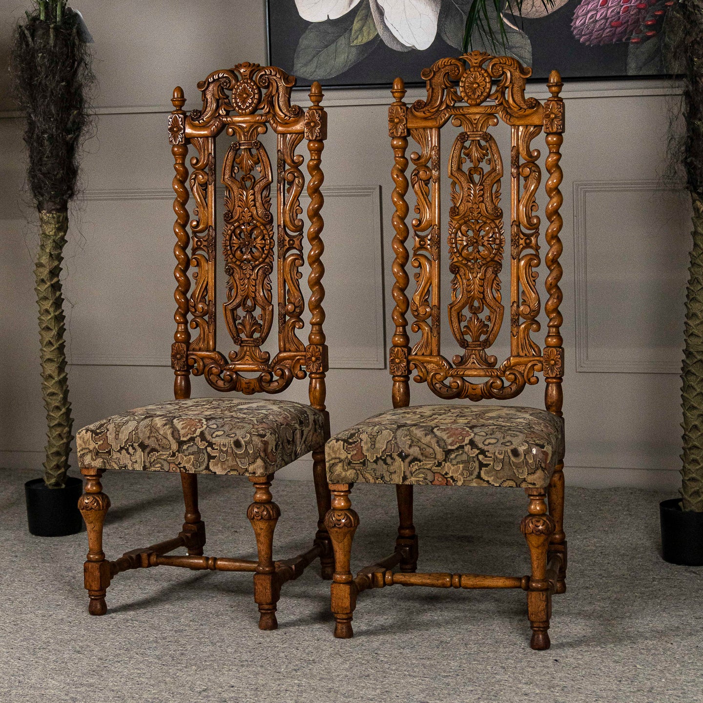 Pair of highly Carved Gothic Style Hall Chairs