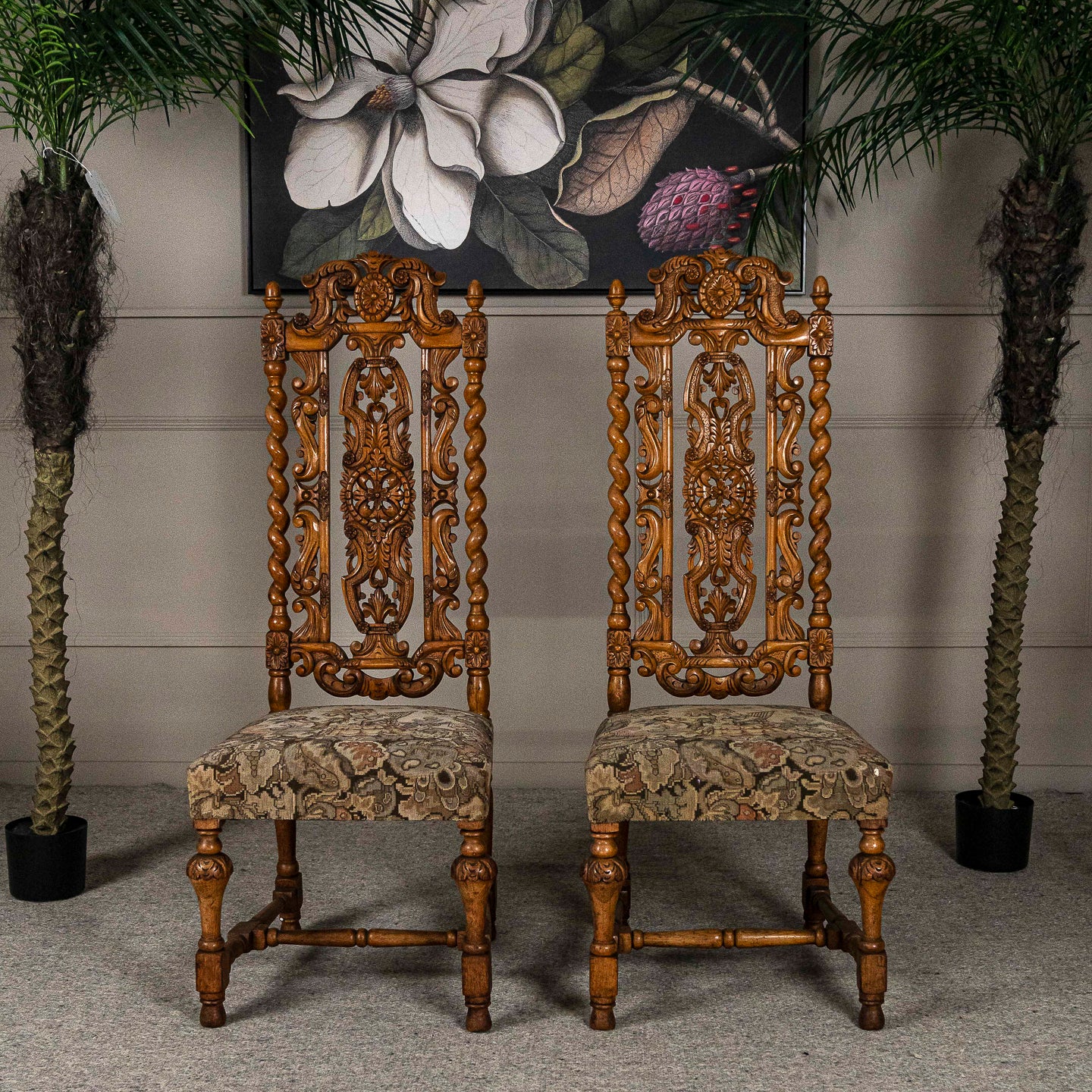 Pair of highly Carved Gothic Style Hall Chairs