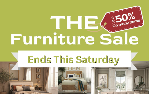 Promotional banner for a furniture sale with large white text on a light olive-green background, a red sale tag reading 'up to 50% on many items,' and a white ribbon that says 'Ends This Saturday.' Small interior room photos appear along the bottom.