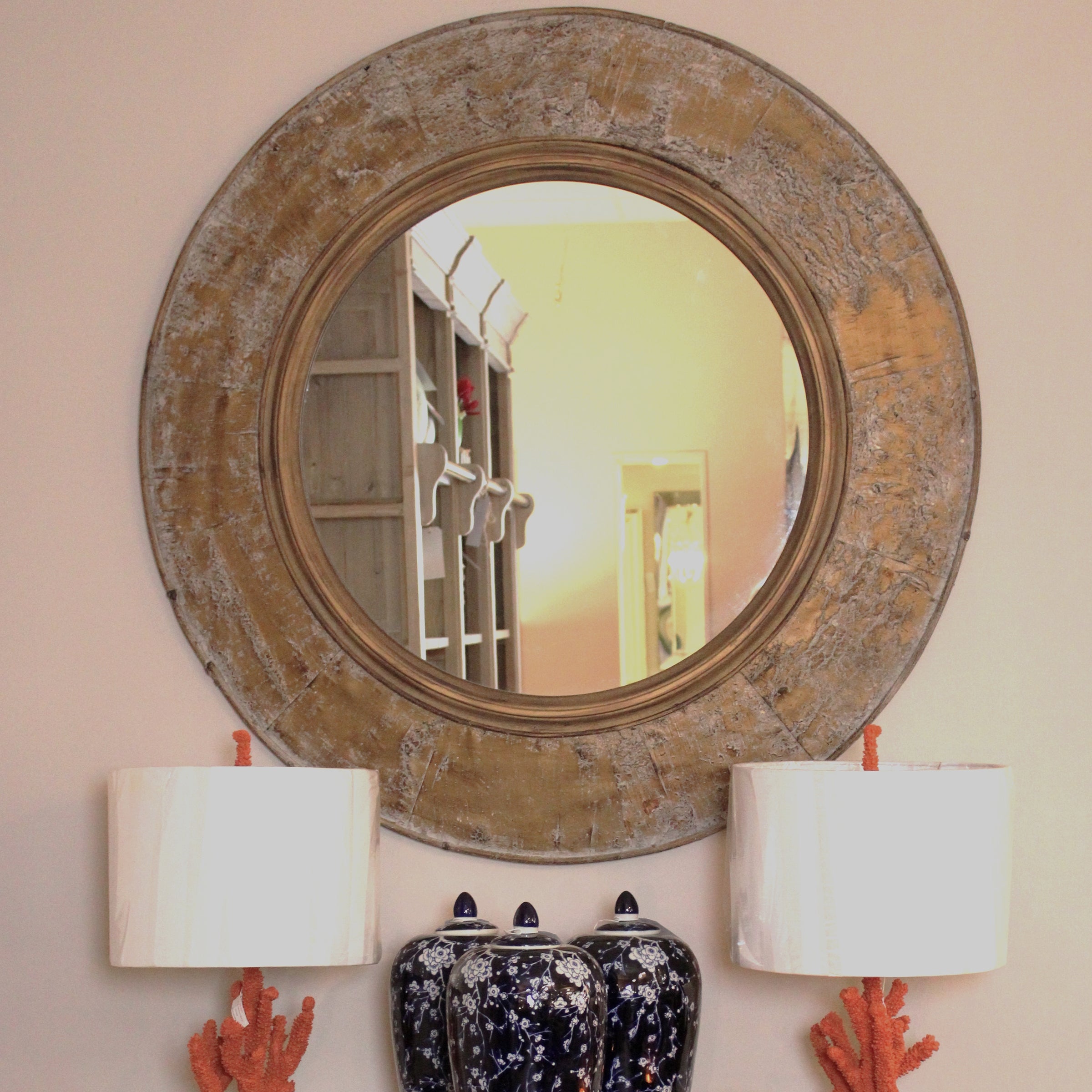 Circular Mirror with Bark Detail
