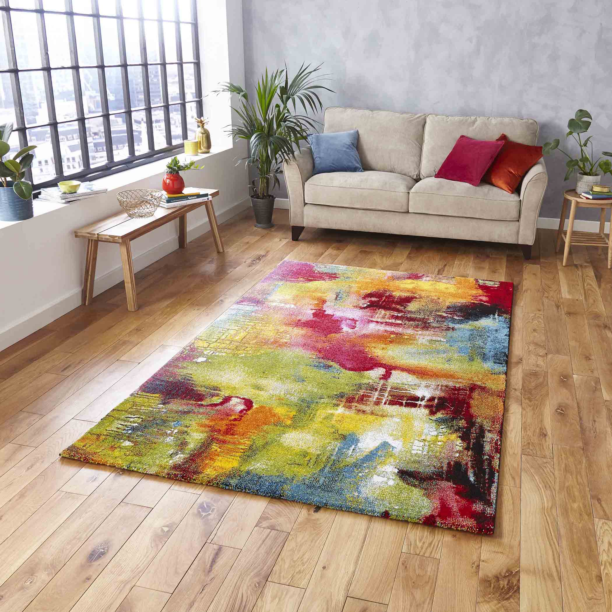 Sunrise Textured Abstract Rug in Red, Green, and Yellow