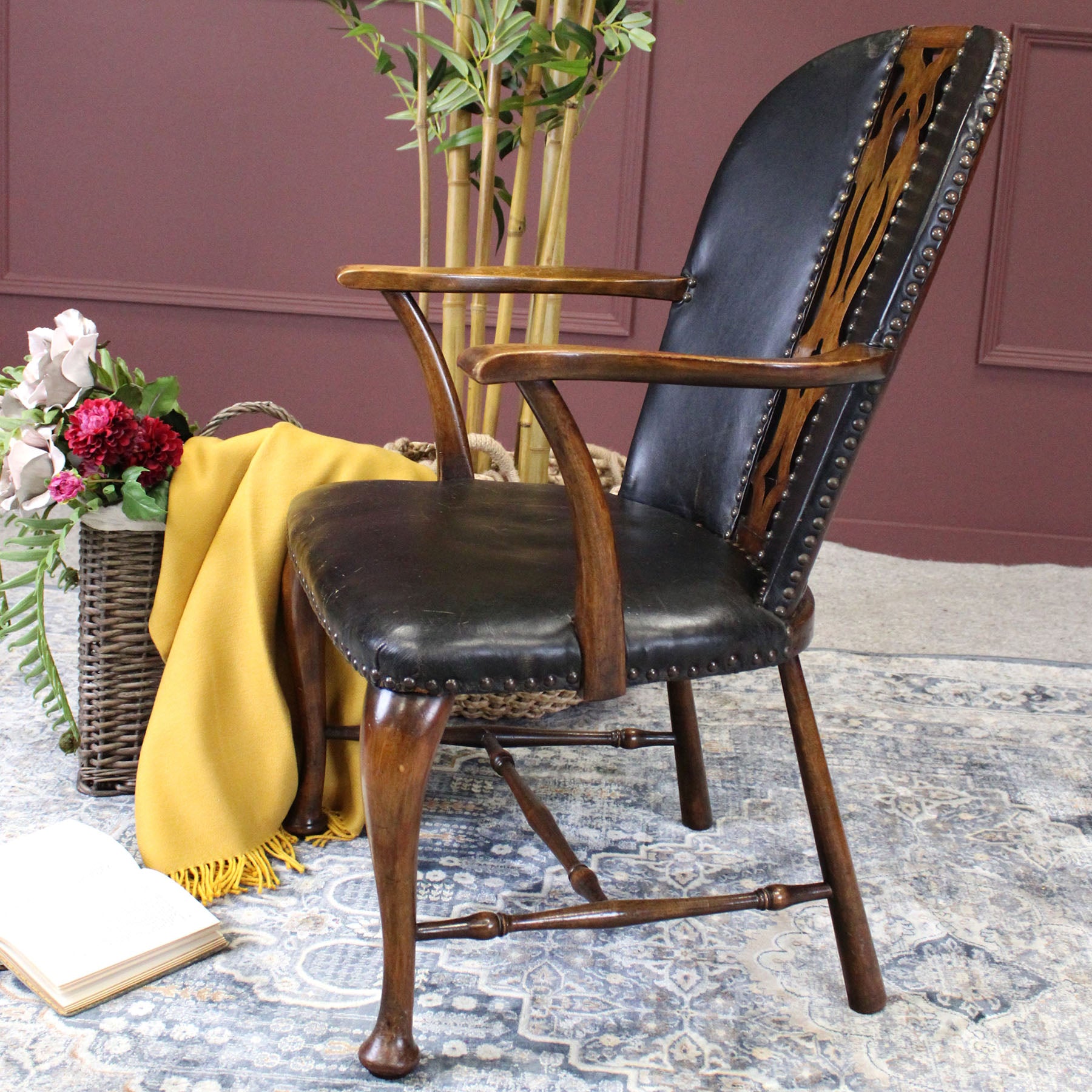 20th Century Beech and Leather Elbow Chair