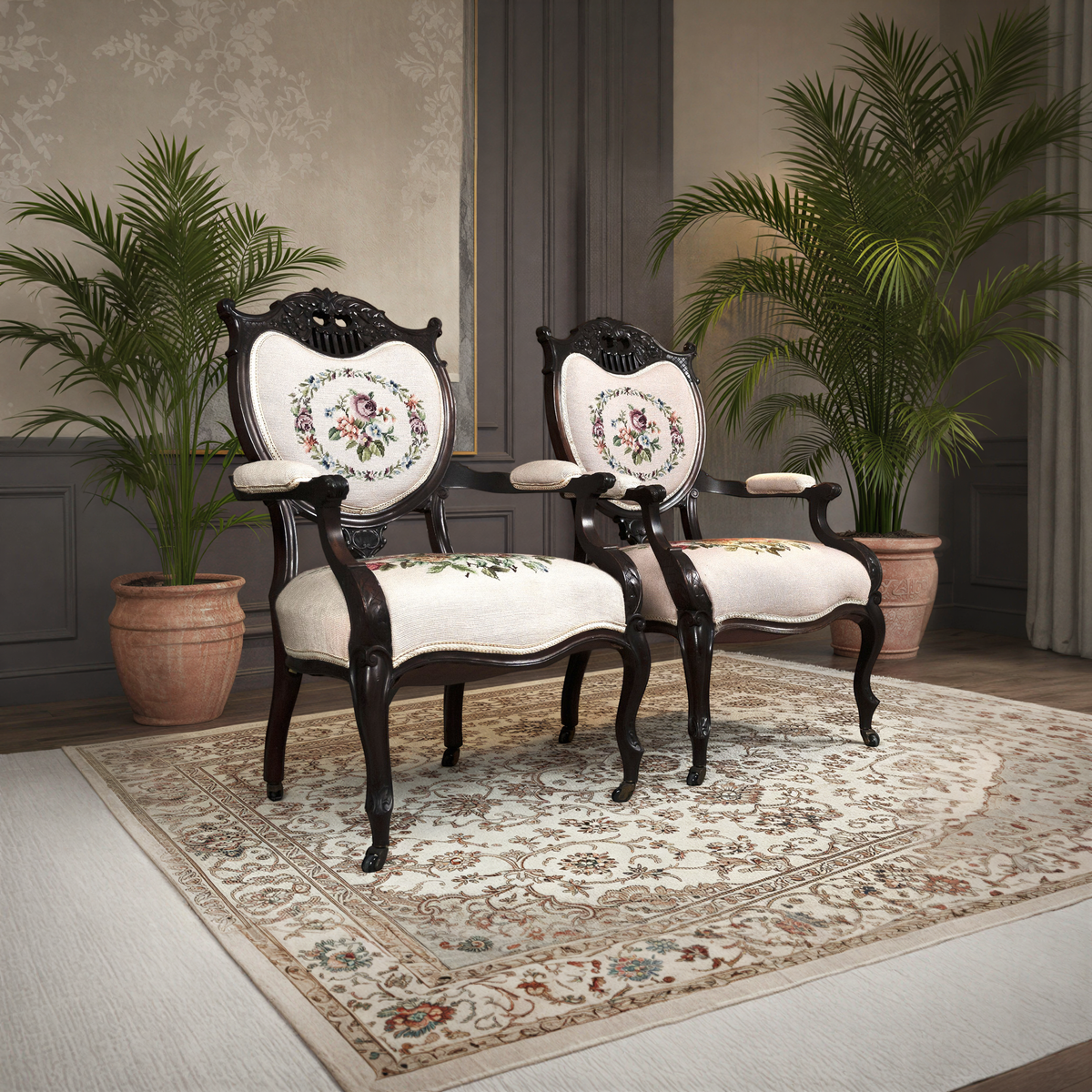 A Pair of Fine Edwardian Mahogany Tapestry armchairs