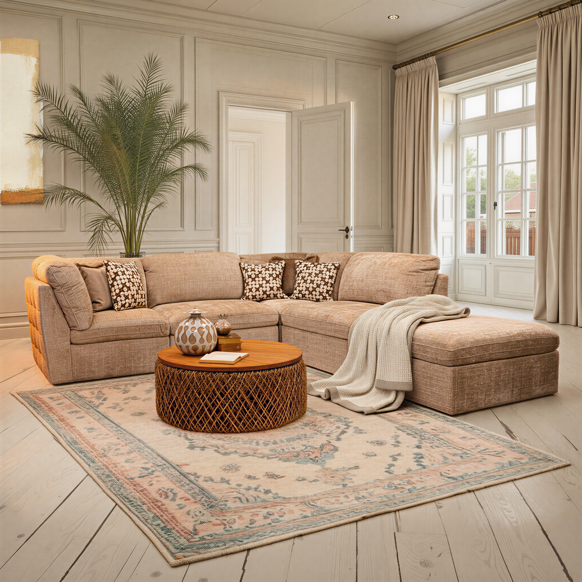 Warm beige modular corner sofa with ottoman, woven coffee table, vintage area rug, and floor-to-ceiling drapes in an open living room.