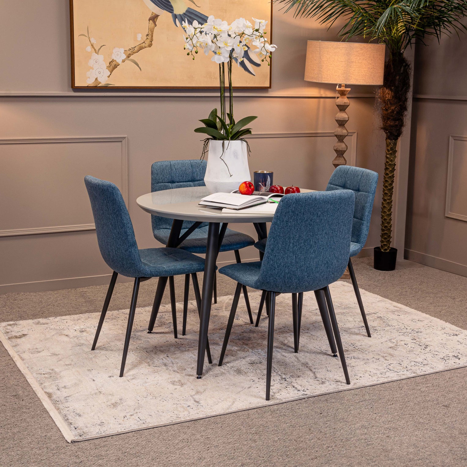 Lola Round Dining table and 4 x Blue Oslo Dining chairs Bundle Deal Flanagan Kerins