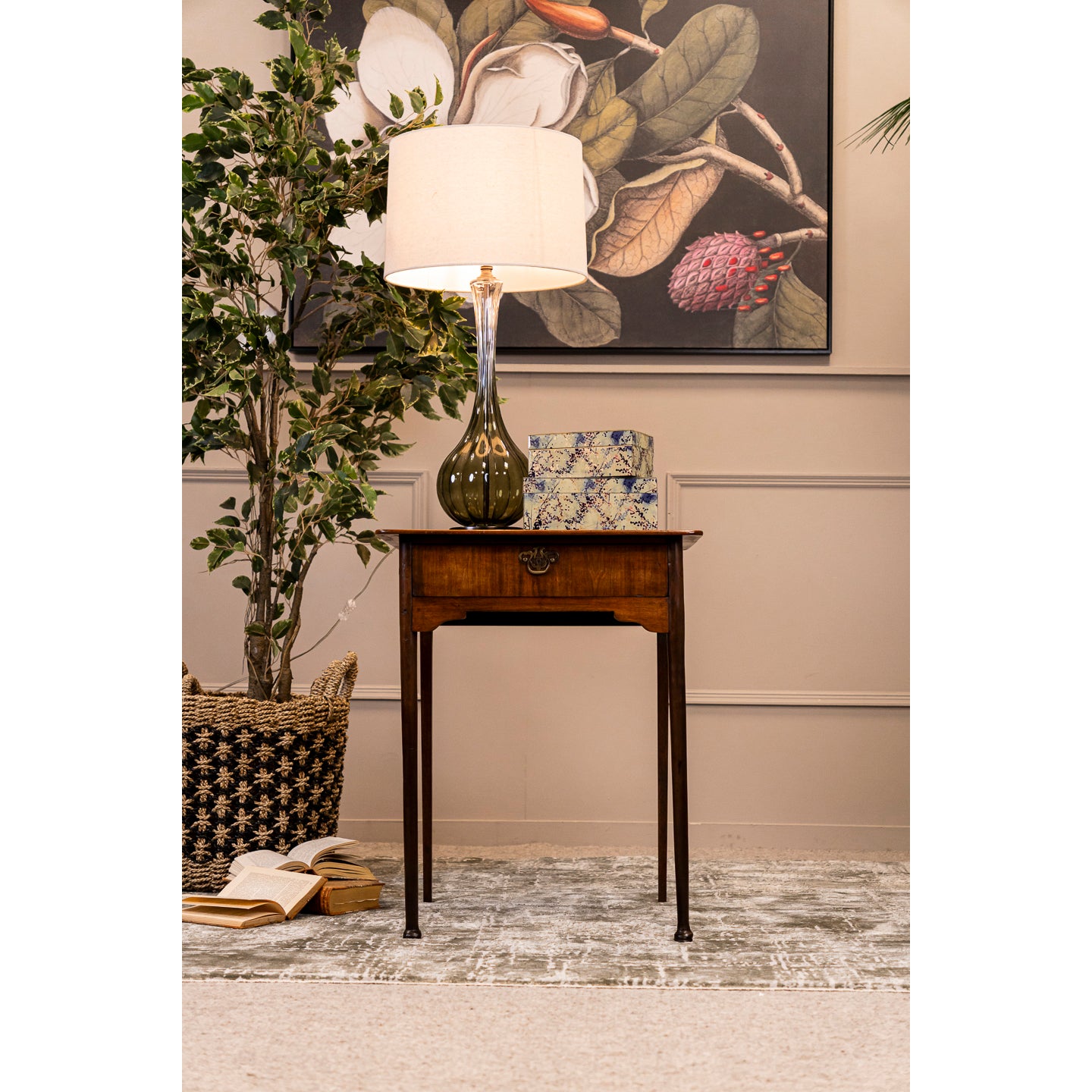 Mahogany Square Occasional Table with drawer on tapered legs