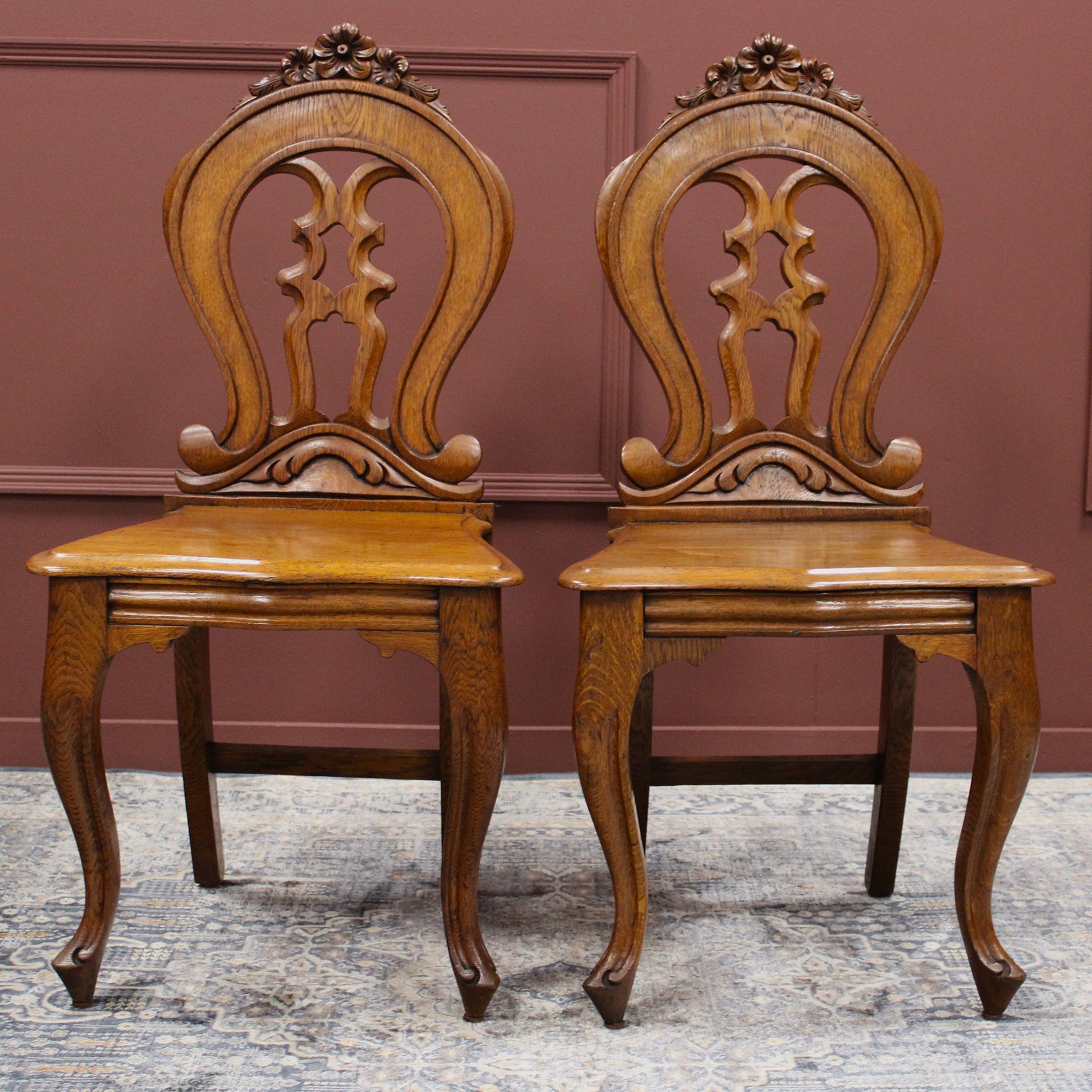 Pair of Victorian Carved Hall Chairs