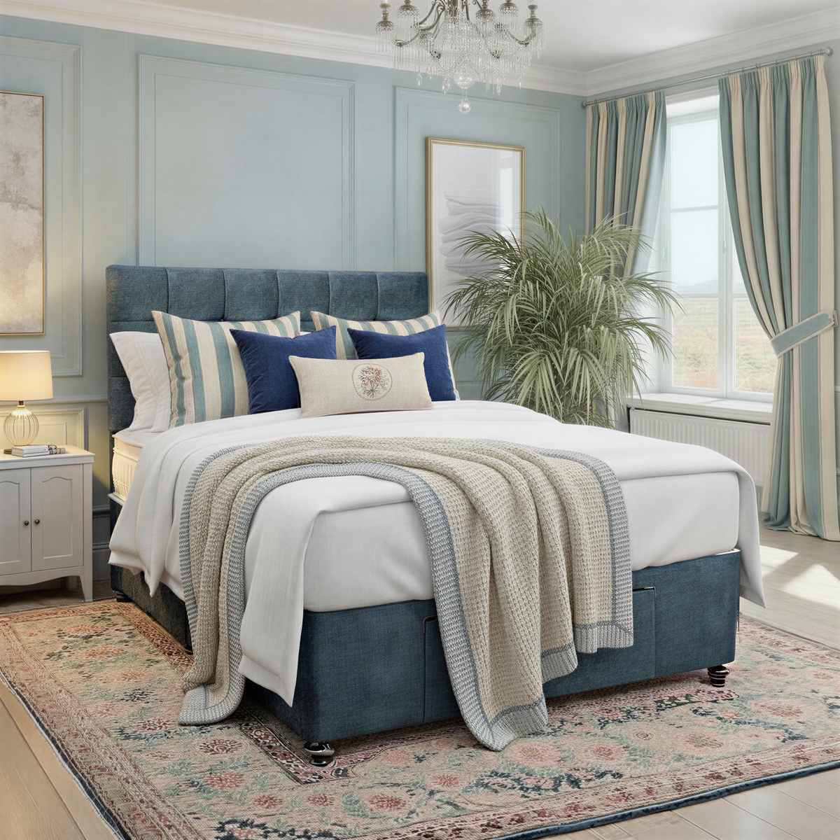 Classic master bedroom with a blue upholstered divan bed, striped cushions, textured knit throw, vintage-style area rug, and custom drapery.
